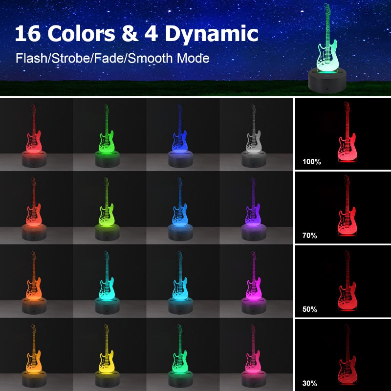 AZIMOM 3D Illusion Lamp Electric Guitar Remote Control 16 Colors Night Light for Kids Smart Touch Bedside Lamps Bedroom Decoration Boys & Girls Women Birthday Gifts - Image 2